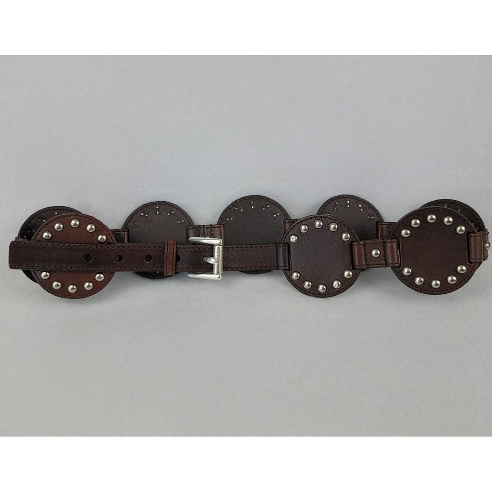 Michael Kors Womens Brown Leather Studded Disc Medallion Belt Large